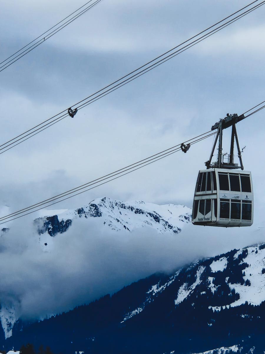 view of the cable car gondola in plan peisey in france